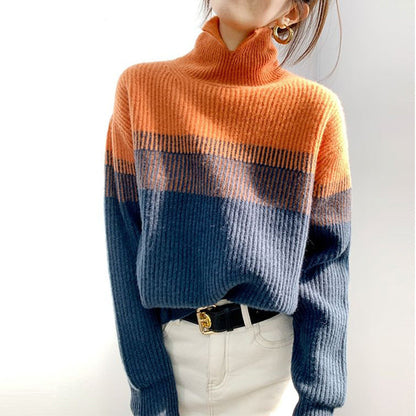JO | Casual long-sleeved striped sweater with a high neckline