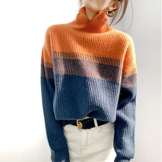 JO | Casual long-sleeved striped sweater with a high neckline