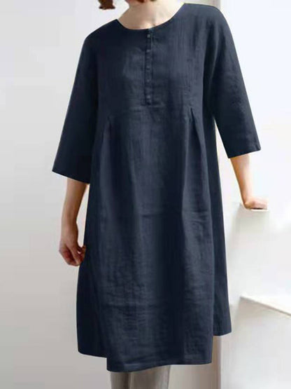 JO | Retro Cotton Linen Solid Pleated Half Sleeve Mini Dress