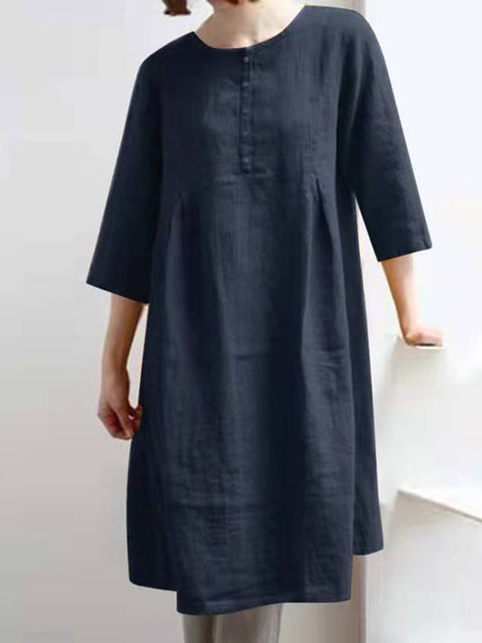 JO | Retro Cotton Linen Solid Pleated Half Sleeve Mini Dress