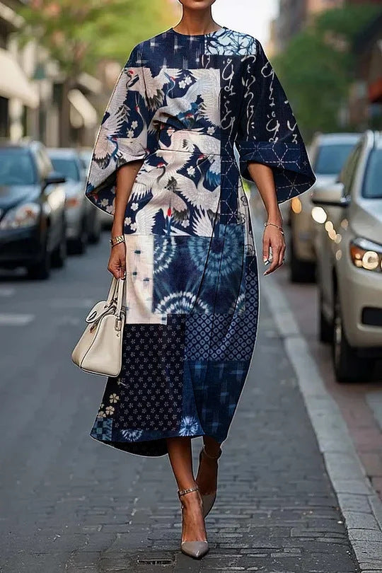 JO | Women's midi dress - A-line - kimono sleeves - floral print