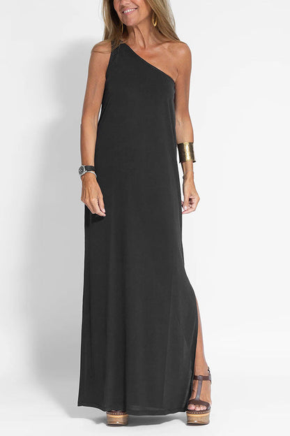 JO | Casual one-shoulder sleeveless midi dress in cotton and linen with a loose fit