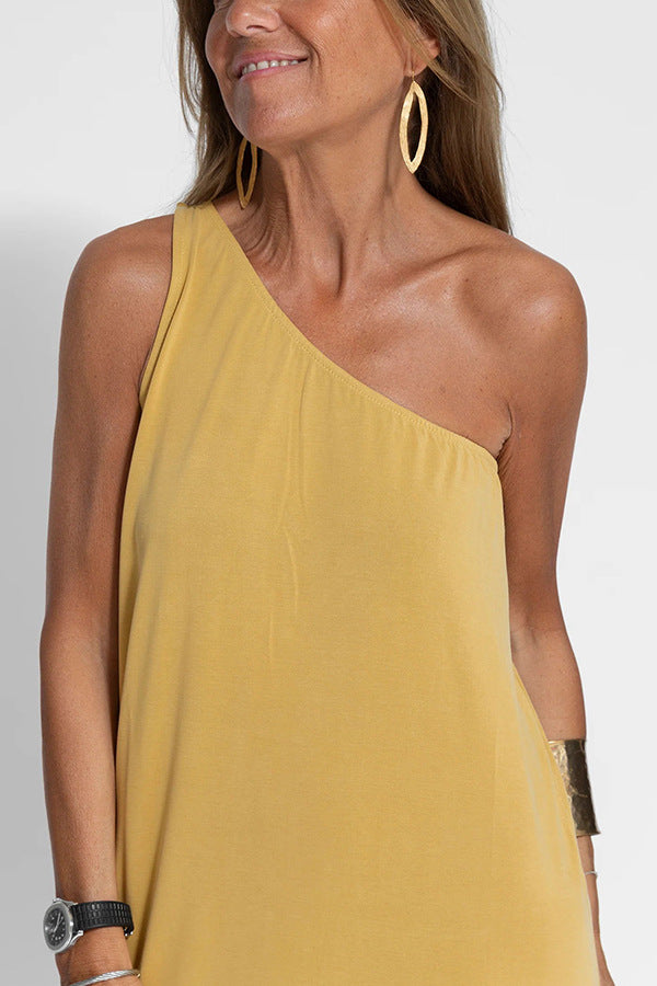 JO | Casual one-shoulder sleeveless midi dress in cotton and linen with a loose fit