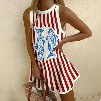 JO | Women Puzzle Print Summer Dress Sleeveless Over the Knee Mini Dress Casual Tank Top Beach Dress for Women