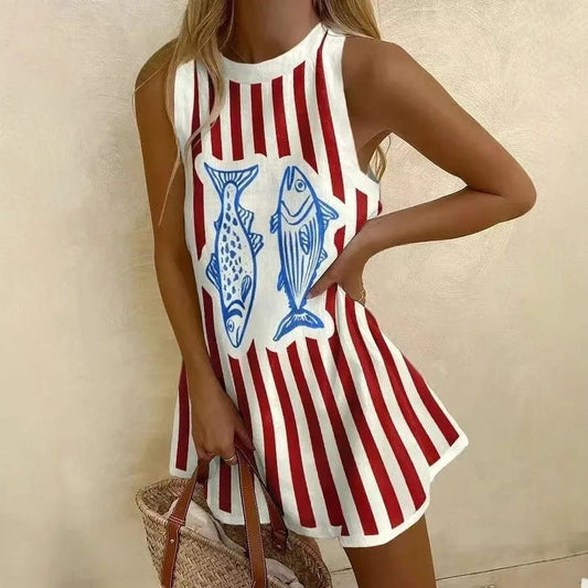 JO | Women Puzzle Print Summer Dress Sleeveless Over the Knee Mini Dress Casual Tank Top Beach Dress for Women