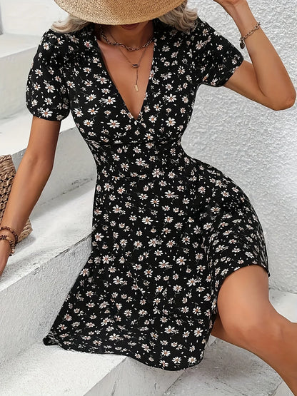 JO | Summer Women Floral Print Mini Dress V-Neck Puff Sleeves Casual Vacation Dress for Going Out and Party