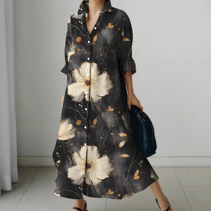 JO | Retro Floral V-Neck Shirt Dress with Pockets