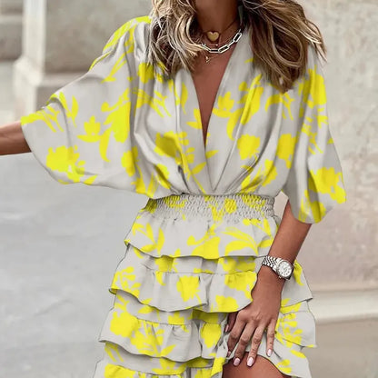 JO | Ladies casual V-neck mini dress with batwing sleeves and ruffle hem for summer and party occasions