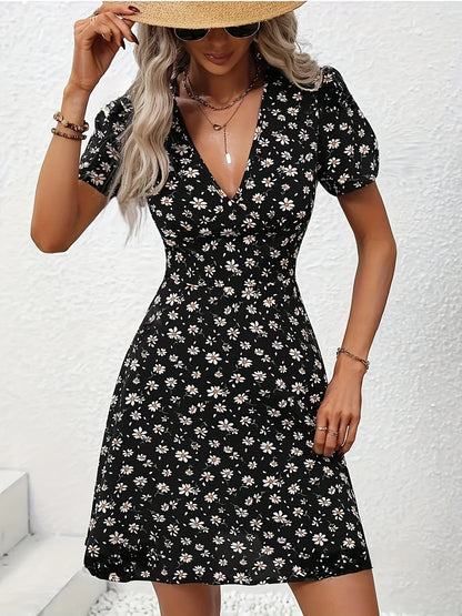 JO | Summer Women Floral Print Mini Dress V-Neck Puff Sleeves Casual Vacation Dress for Going Out and Party