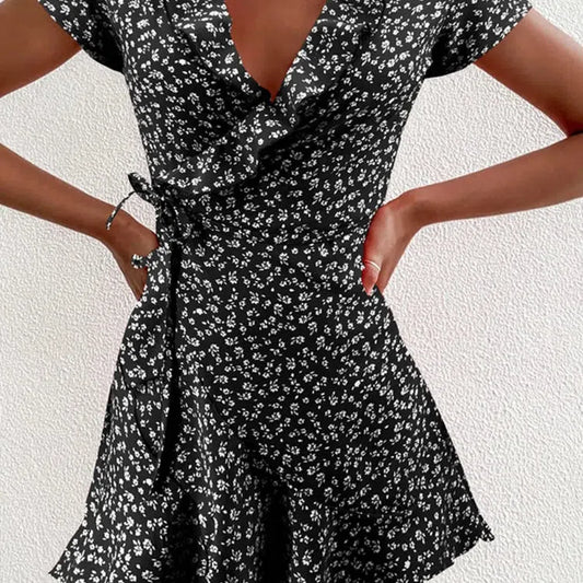 JO | Summer Ladies Floral A-Line Dress Elegant Ruffle V-Neck Mini Dress