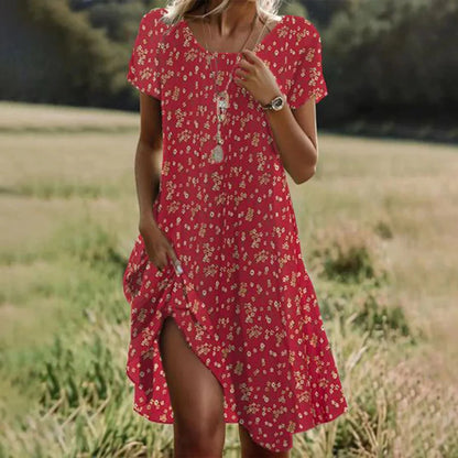 JO | Summer Bohemian Dresses for Women V-Neck Short Sleeve Flower Printed Beach Vacation Dress Women Maxi Dresses Boho