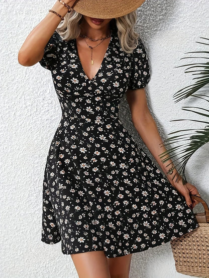 JO | Summer Women Floral Print Mini Dress V-Neck Puff Sleeves Casual Vacation Dress for Going Out and Party