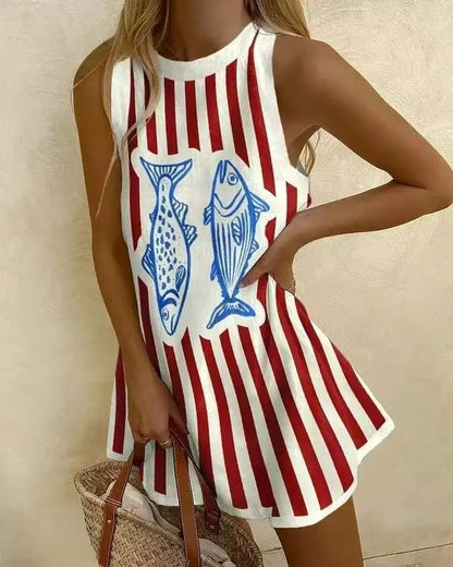 JO | Women Puzzle Print Summer Dress Sleeveless Over the Knee Mini Dress Casual Tank Top Beach Dress for Women