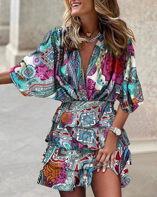 JO | Ladies casual V-neck mini dress with batwing sleeves and ruffle hem for summer and party occasions