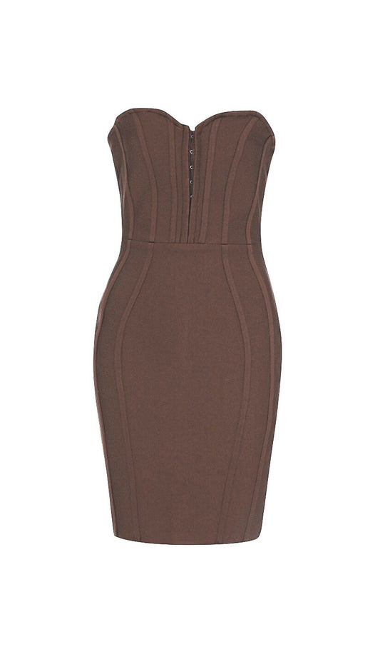 JO | STRAPLESS BANDAGE MINI DRESS IN BROWN