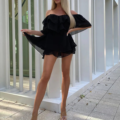 JO | Women Summer Dress Short Sleeve Off Shoulder Mini Dress Ruffled A Line Beach Dress for Casual and Vacation Wear