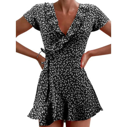 JO | Summer Ladies Floral A-Line Dress Elegant Ruffle V-Neck Mini Dress