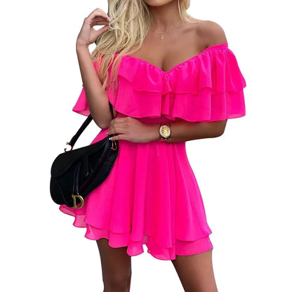 JO | Women Summer Dress Short Sleeve Off Shoulder Mini Dress Ruffled A Line Beach Dress for Casual and Vacation Wear