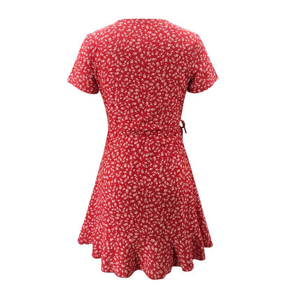 JO | Summer Ladies Floral A-Line Dress Elegant Ruffle V-Neck Mini Dress
