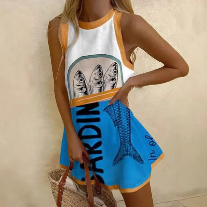 JO | Women Puzzle Print Summer Dress Sleeveless Over the Knee Mini Dress Casual Tank Top Beach Dress for Women