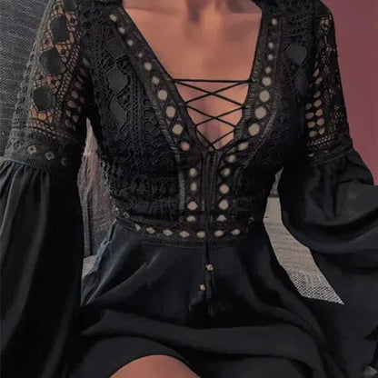 JO | Women's A Line Dress Short Mini Dress Long Sleeve Ruffle V-Neck