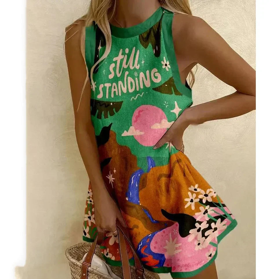 JO | Women Puzzle Print Summer Dress Sleeveless Over the Knee Mini Dress Casual Tank Top Beach Dress for Women