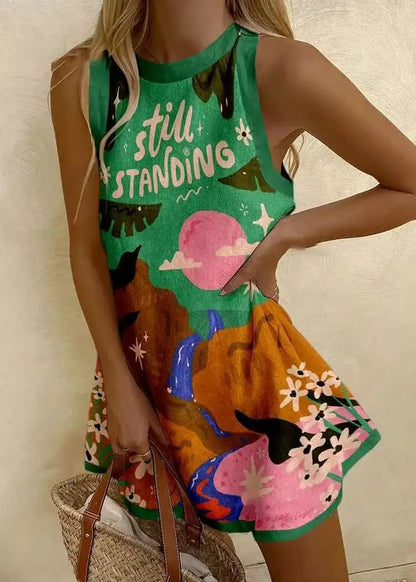 JO | Women Puzzle Print Summer Dress Sleeveless Over the Knee Mini Dress Casual Tank Top Beach Dress for Women