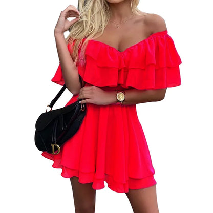JO | Women Summer Dress Short Sleeve Off Shoulder Mini Dress Ruffled A Line Beach Dress for Casual and Vacation Wear