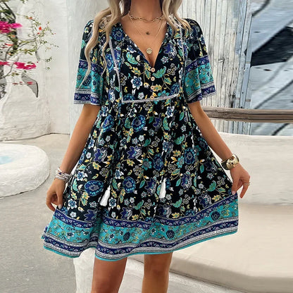 JO | Ariana™ Floral boho mini dress with V-neckline