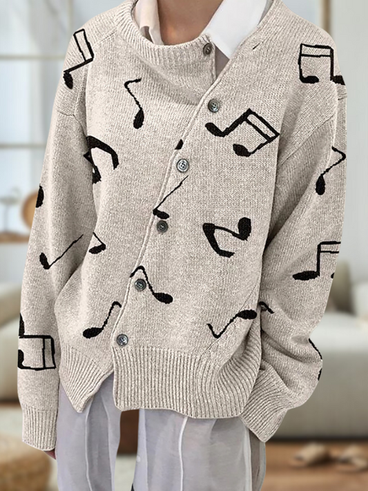 JO | Fashionable cotton sweater with buttons and patterned notes