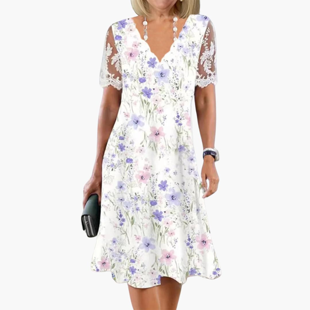 JO | Women's floral midi dress with lace sleeves for summer wear