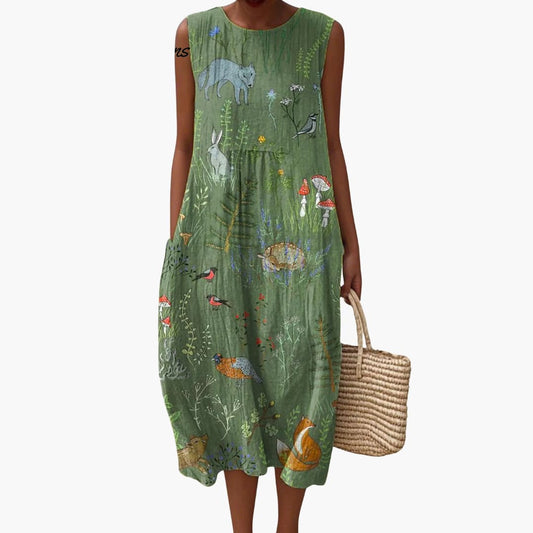 JO | Women's sleeveless midi dress with forest print and pockets