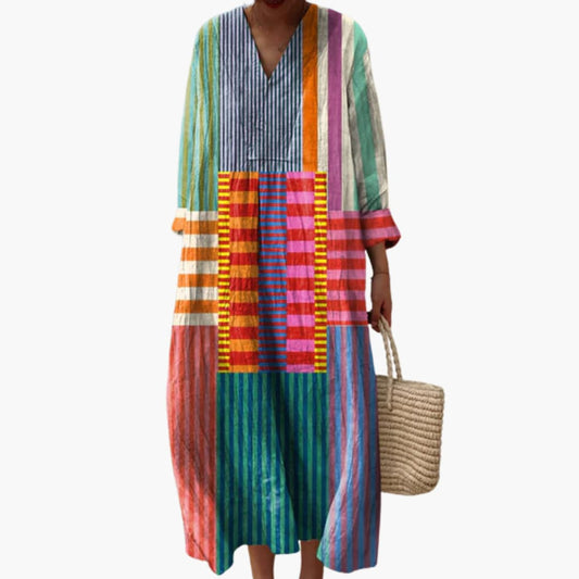 JO | Women's long-sleeved midi dress with V-neck and patchwork