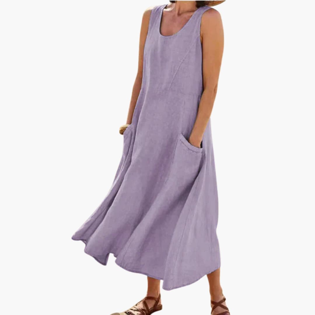 JO | Women's linen sleeveless midi dress with round neckline and pockets