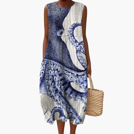 JO | Women's sleeveless midi dress with octopus print and lace-up back