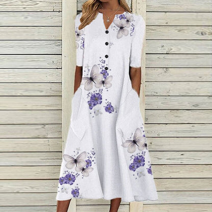 JO | Women's midi dress - V-neck - button placket - short sleeves - floral butterfly print - pockets