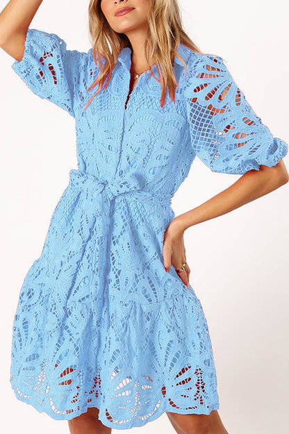 JO | Solid color lace neckline balloon sleeves and waist tie mini dress