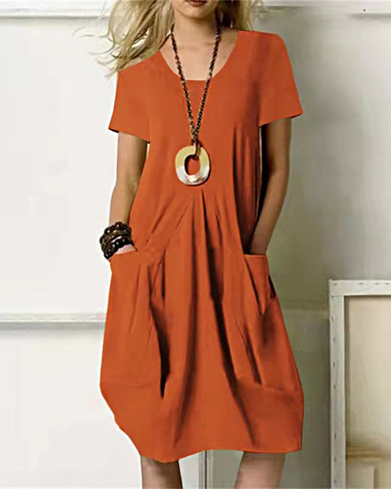 JO | Casual loose sundress Midi dress Short sleeve beach dress with pockets