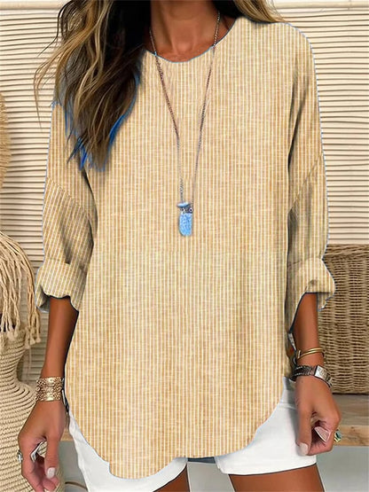 JO | Ladies retro striped loose fit long sleeve shirt with round neckline