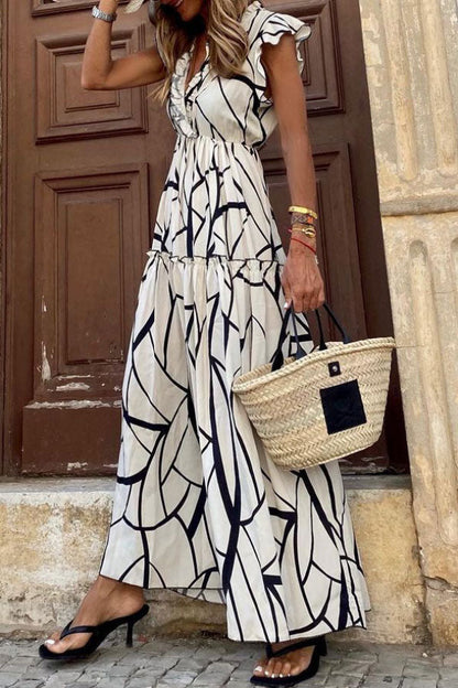 JO | Geometric print V-neck ruffle midi dress