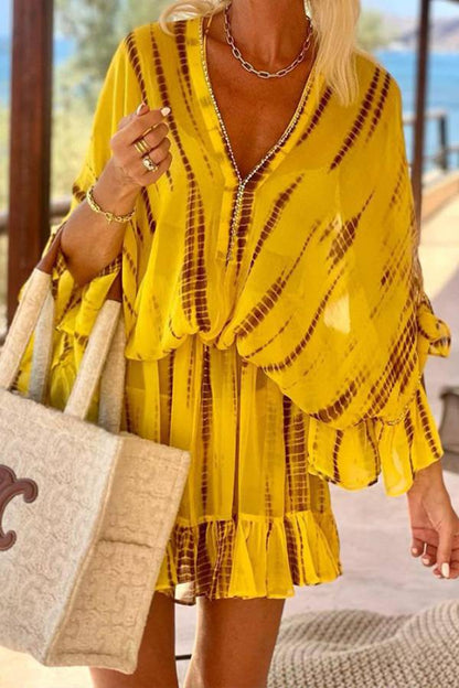 JO | Lemon Flavor Tie Dye Ruffle Batwing Sleeve Elastic Waist Kaftan Mini Dress