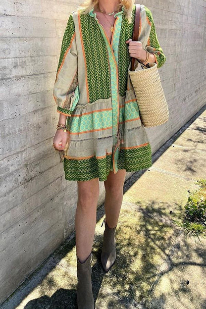 JO | Vacation Style Ethnic Print Button Loose Mini Dress