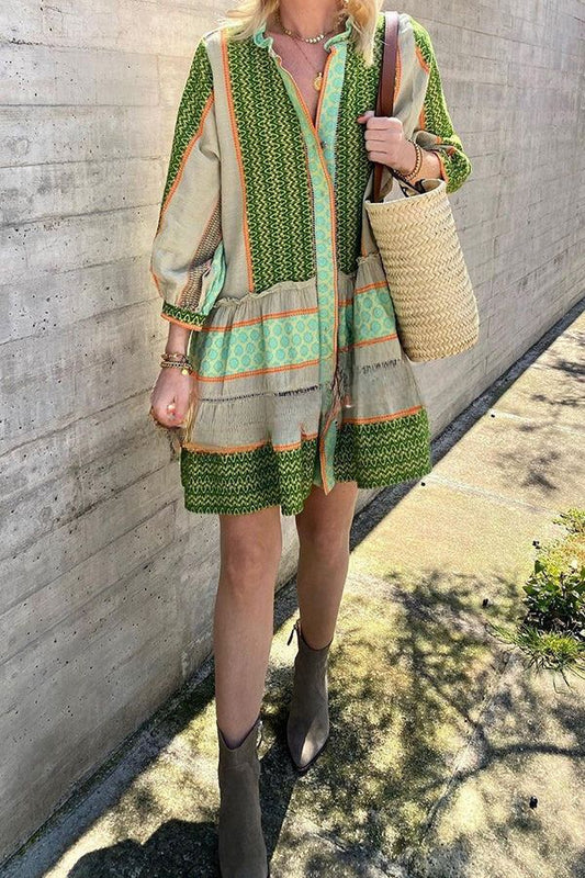 JO | Vacation Style Ethnic Print Button Loose Mini Dress