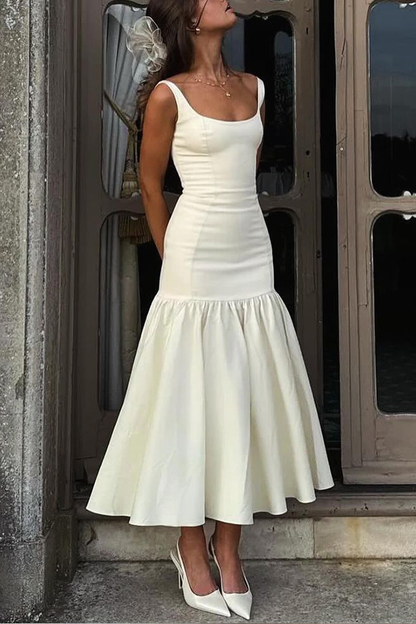 JO | Graceful Silhouette Square Neckline Wide Strap Drop Waist Midi Dress