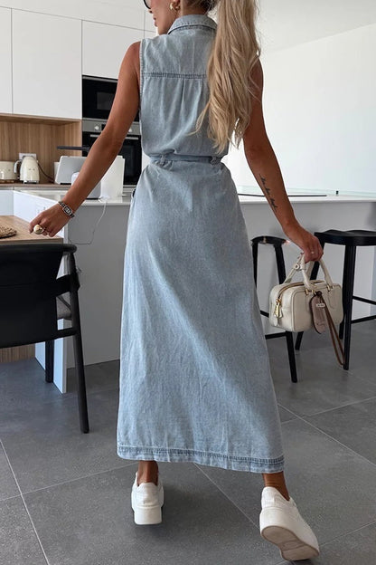 JO | Solid Color Sleeveless Single Breasted Waist Tie Casual Bag Denim Midi Dress