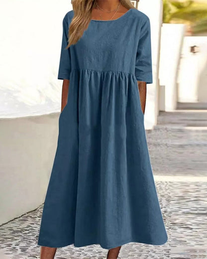 JO | Beach Short Sleeve Round Neck Ruffle Swing Casual Boho Midi Dress with Pockets