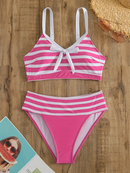 JO | Sexy striped print bow knot V-neck bikini