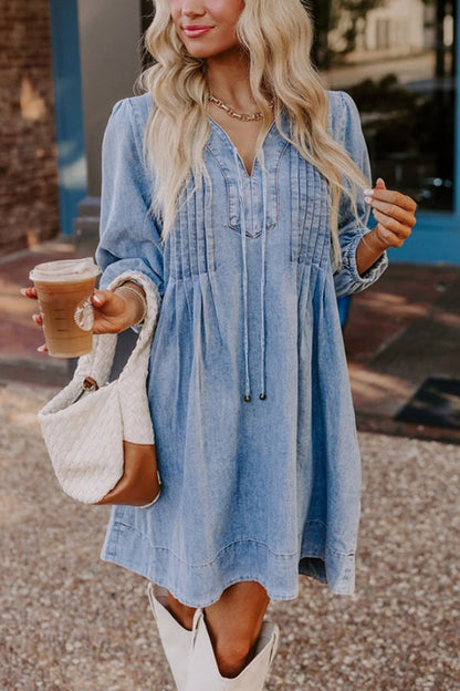 JO | Fate Would Have It Denim Playful Pleated Pocket A-Line Mini Dress