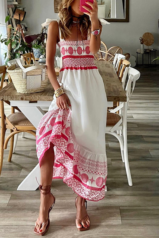 JO | Malibu Villa Ethnic printed maxi dress with smocked shoulders
