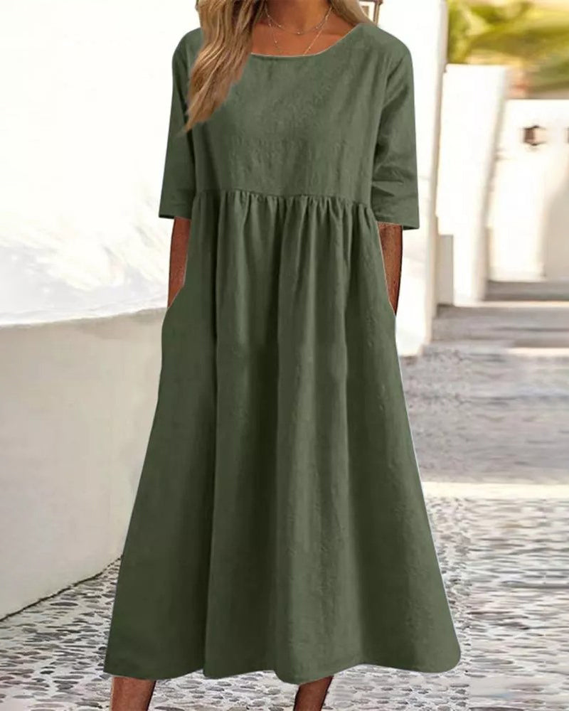 JO | Beach Short Sleeve Round Neck Ruffle Swing Casual Boho Midi Dress with Pockets